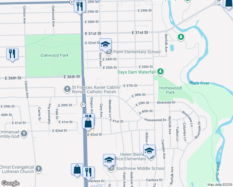 map of restaurants, bars, coffee shops, grocery stores, and more near 2419 Homewood Drive in Lorain