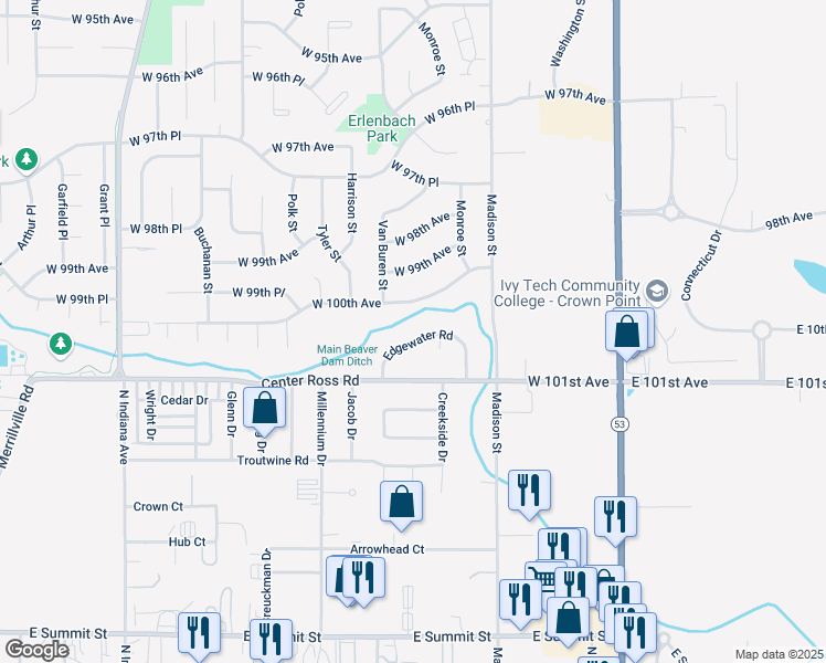 map of restaurants, bars, coffee shops, grocery stores, and more near 1427 Edgewater Road in Crown Point