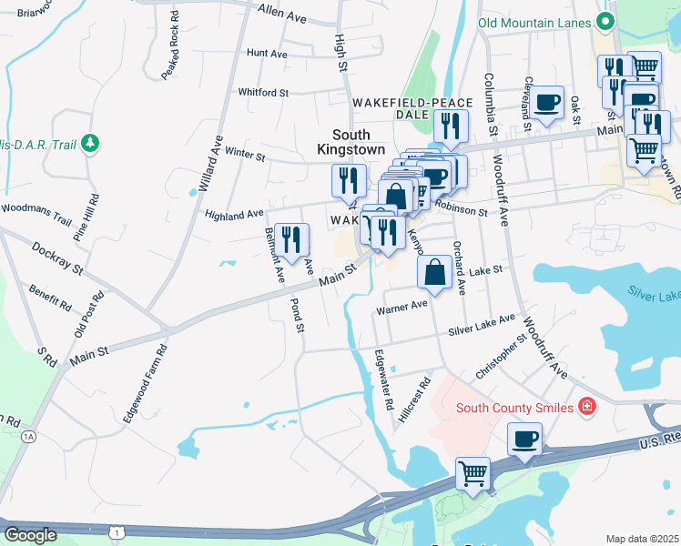 map of restaurants, bars, coffee shops, grocery stores, and more near 480 Main Street in South Kingstown