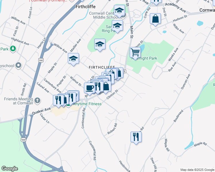 map of restaurants, bars, coffee shops, grocery stores, and more near 257 Main Street in Cornwall