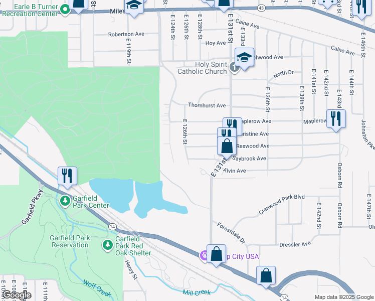 map of restaurants, bars, coffee shops, grocery stores, and more near 4551 Martin Luther King Junior Boulevard in Garfield Heights