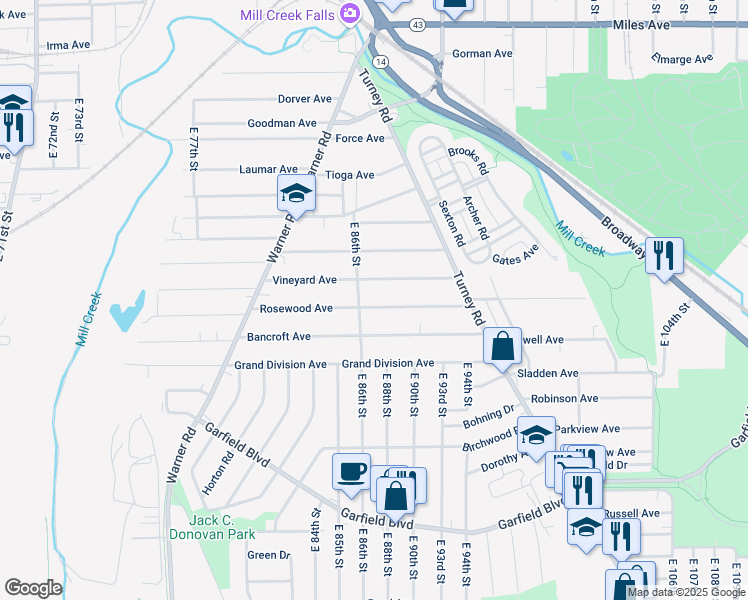 map of restaurants, bars, coffee shops, grocery stores, and more near 8706 Rosewood Avenue in Cleveland