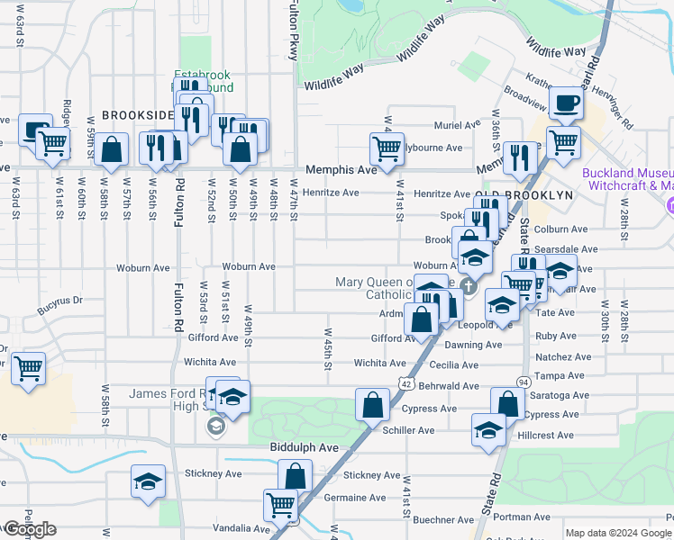 map of restaurants, bars, coffee shops, grocery stores, and more near 4403 Woburn Avenue in Cleveland