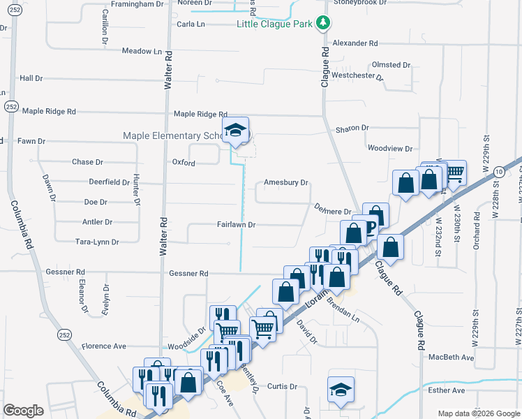 map of restaurants, bars, coffee shops, grocery stores, and more near 24046 Fairlawn Drive in North Olmsted