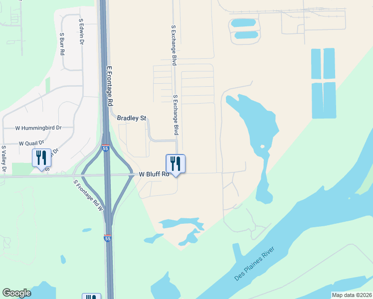 map of restaurants, bars, coffee shops, grocery stores, and more near 23798 West Bluff Road in Channahon