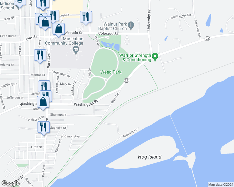 map of restaurants, bars, coffee shops, grocery stores, and more near 3027 River Road in Muscatine
