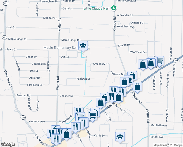 map of restaurants, bars, coffee shops, grocery stores, and more near 24046 Fairlawn Drive in North Olmsted
