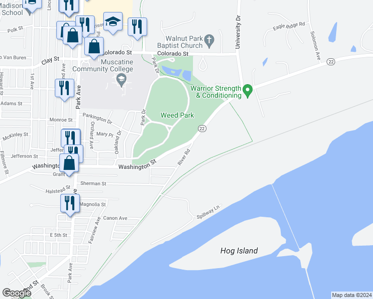 map of restaurants, bars, coffee shops, grocery stores, and more near 3029 River Road in Muscatine