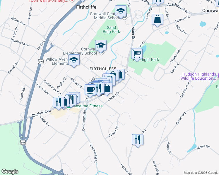 map of restaurants, bars, coffee shops, grocery stores, and more near 250 Main Street in Cornwall