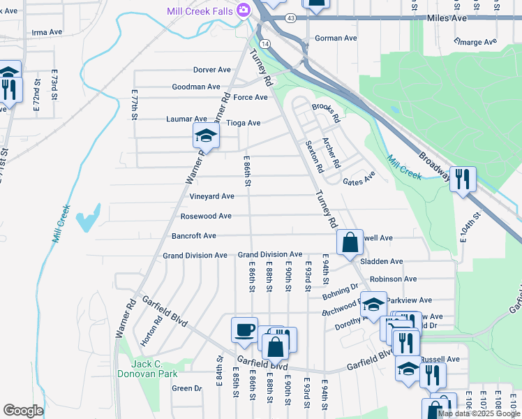 map of restaurants, bars, coffee shops, grocery stores, and more near 8706 Rosewood Avenue in Cleveland