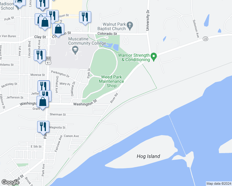 map of restaurants, bars, coffee shops, grocery stores, and more near 3031 River Road in Muscatine