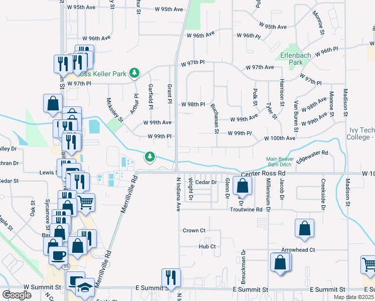 map of restaurants, bars, coffee shops, grocery stores, and more near 10005 Merrillville Road in Crown Point