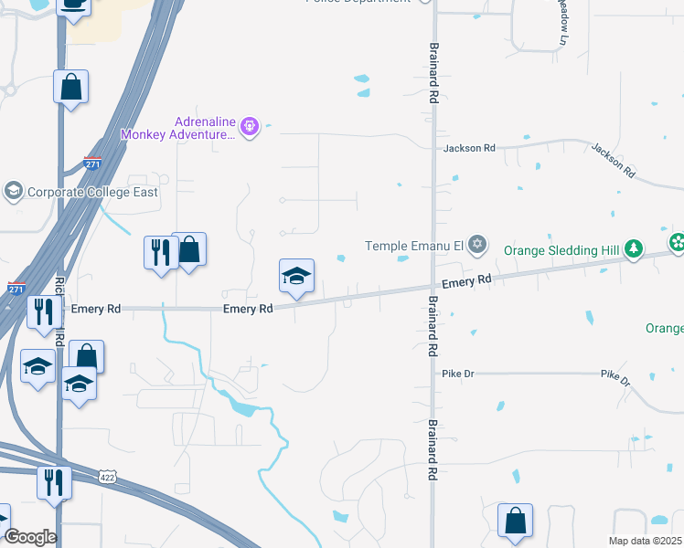 map of restaurants, bars, coffee shops, grocery stores, and more near 27499 Emery Rd in Cleveland
