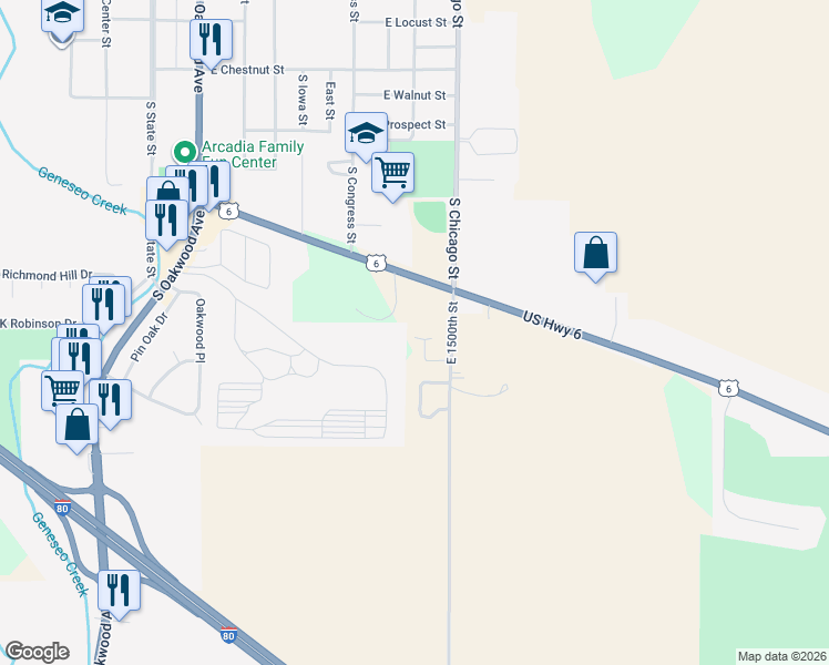 map of restaurants, bars, coffee shops, grocery stores, and more near 19661 East 1500th Street in Geneseo