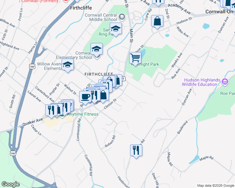 map of restaurants, bars, coffee shops, grocery stores, and more near 55 Clinton Street in Cornwall