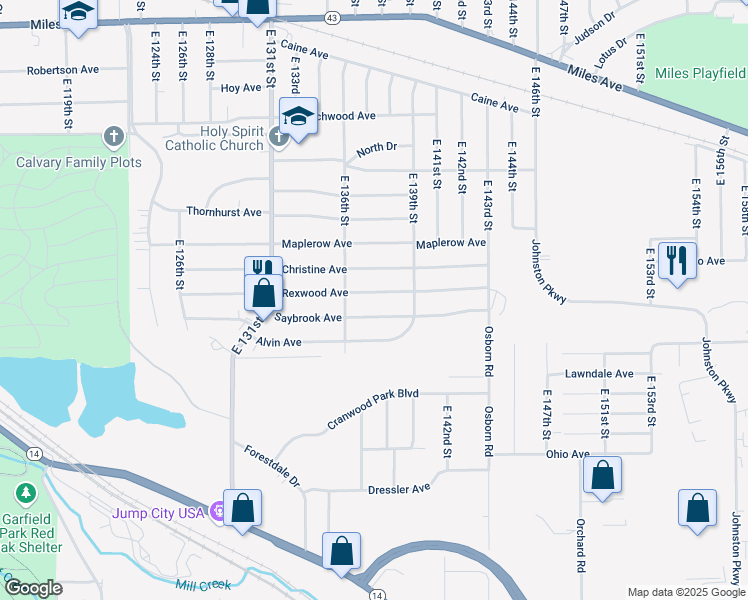 map of restaurants, bars, coffee shops, grocery stores, and more near 13706 Rexwood Avenue in Garfield Heights