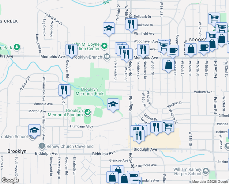 map of restaurants, bars, coffee shops, grocery stores, and more near 7511 Outlook Avenue in Brooklyn