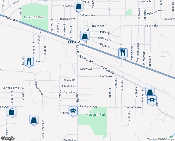 map of restaurants, bars, coffee shops, grocery stores, and more near 16706 Langly Avenue in Cleveland