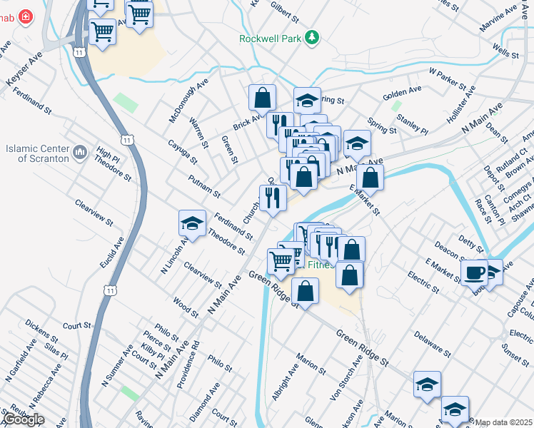 map of restaurants, bars, coffee shops, grocery stores, and more near 1709 North Main Avenue in Scranton