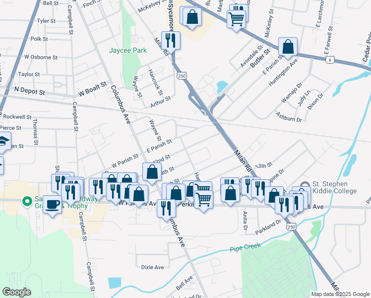 map of restaurants, bars, coffee shops, grocery stores, and more near 2314 Hancock Street in Sandusky