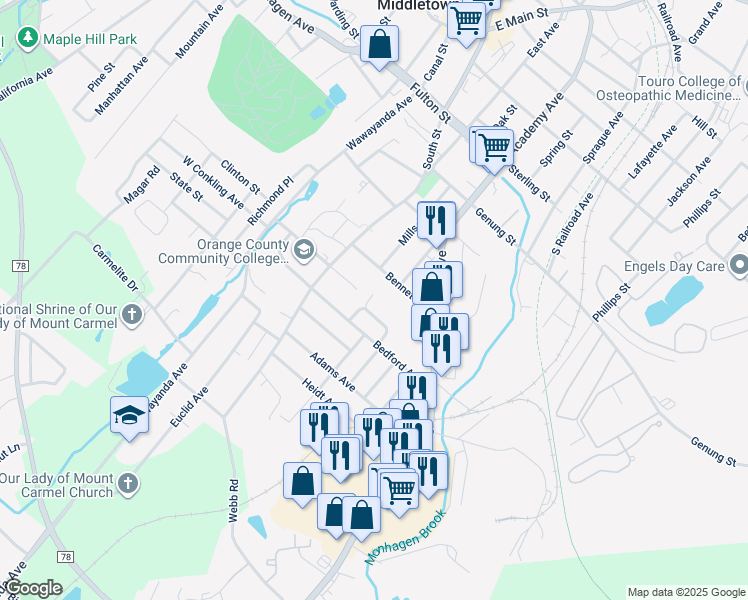 map of restaurants, bars, coffee shops, grocery stores, and more near 53 Bedford Avenue in Middletown