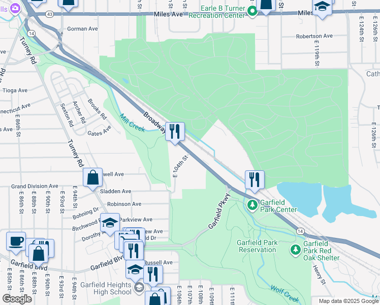 map of restaurants, bars, coffee shops, grocery stores, and more near Broadway Ave & E 104th St in Garfield Heights