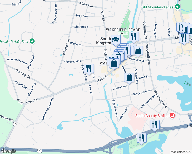 map of restaurants, bars, coffee shops, grocery stores, and more near 480 Main Street in South Kingstown