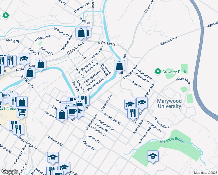 map of restaurants, bars, coffee shops, grocery stores, and more near 801 Park Street in Scranton