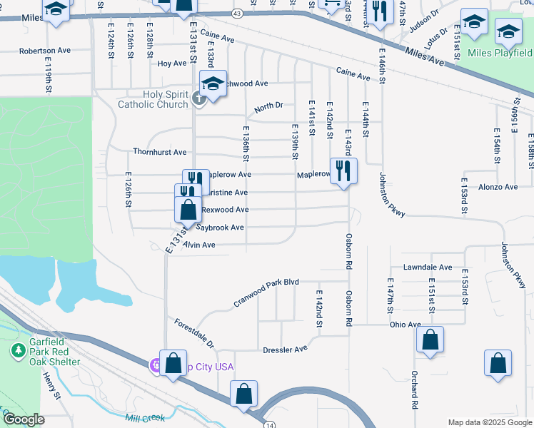 map of restaurants, bars, coffee shops, grocery stores, and more near 13711 Saybrook Avenue in Garfield Heights