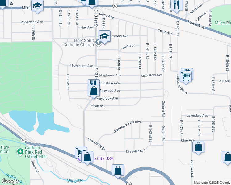 map of restaurants, bars, coffee shops, grocery stores, and more near 13513 Saybrook Avenue in Garfield Heights