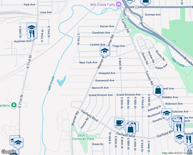 map of restaurants, bars, coffee shops, grocery stores, and more near 8205 Rosewood Avenue in Cleveland