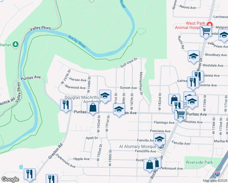 map of restaurants, bars, coffee shops, grocery stores, and more near 4368 West 191st Street in Cleveland
