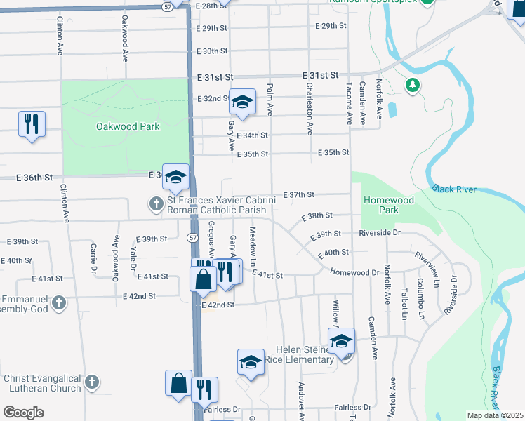 map of restaurants, bars, coffee shops, grocery stores, and more near 2362 Homewood Drive in Lorain