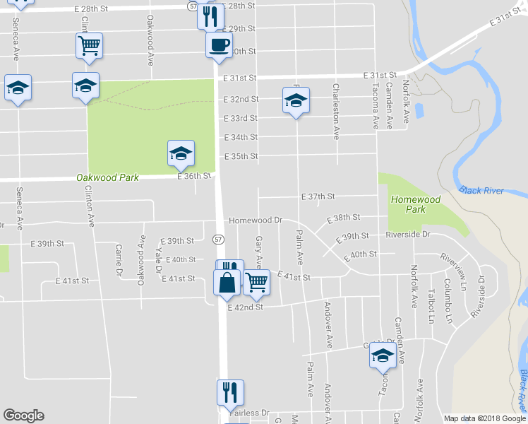 map of restaurants, bars, coffee shops, grocery stores, and more near 3860 Gary Avenue in Lorain