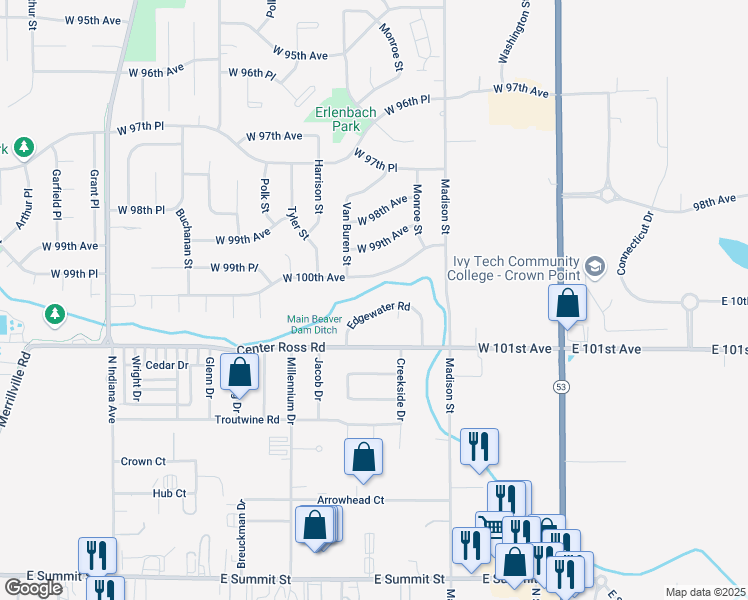 map of restaurants, bars, coffee shops, grocery stores, and more near 1423-1427 Edgewater Road in Crown Point