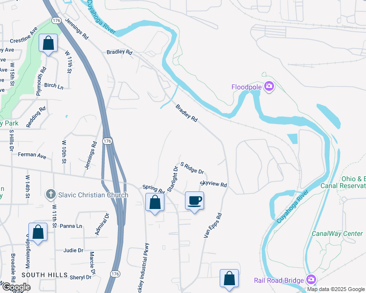 map of restaurants, bars, coffee shops, grocery stores, and more near 4338 Moonglow Lane in Cleveland