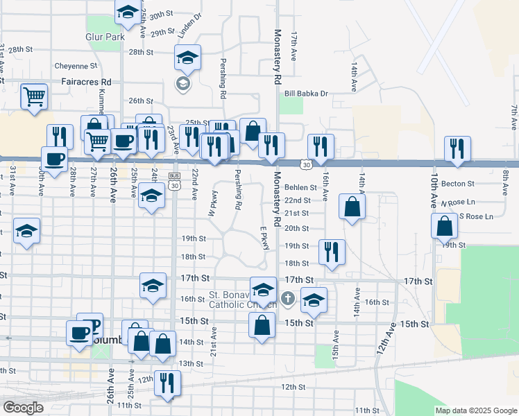 map of restaurants, bars, coffee shops, grocery stores, and more near 115 East Parkway in Columbus