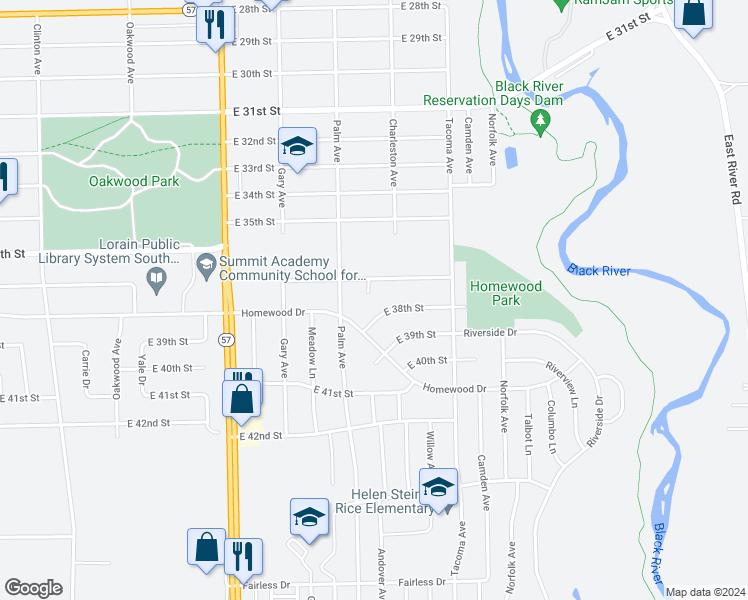 map of restaurants, bars, coffee shops, grocery stores, and more near 2454 East 37th Street in Lorain