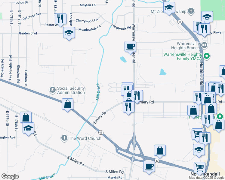 map of restaurants, bars, coffee shops, grocery stores, and more near 4538 Warrensville Center Road in North Randall