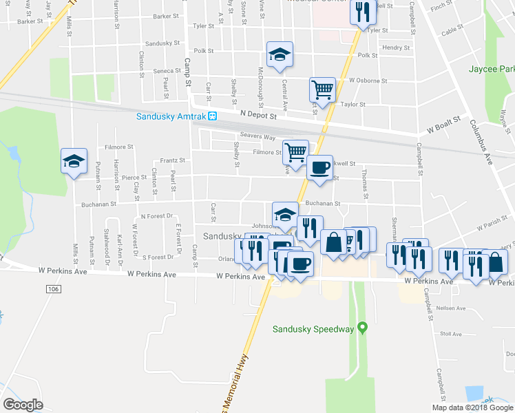 map of restaurants, bars, coffee shops, grocery stores, and more near 1010 Buchanan Street in Sandusky