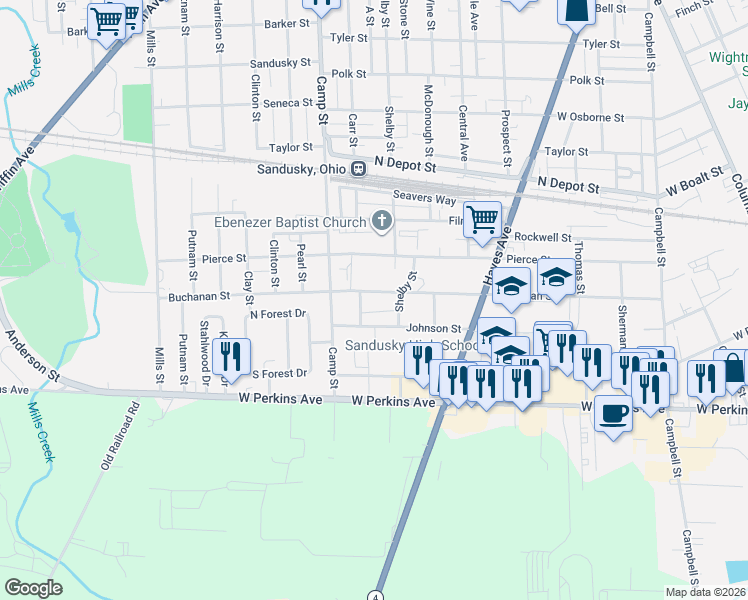 map of restaurants, bars, coffee shops, grocery stores, and more near 1215 Johnson Street in Sandusky
