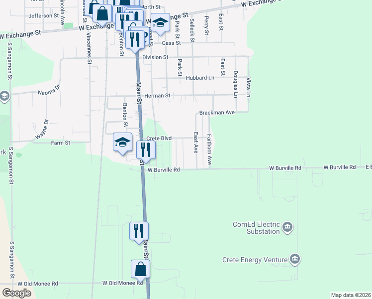 map of restaurants, bars, coffee shops, grocery stores, and more near 1601 Austin Avenue in Crete