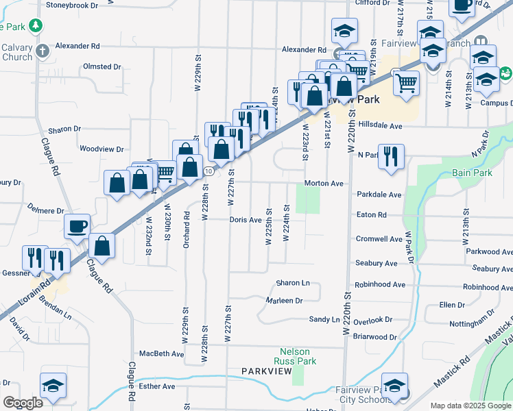 map of restaurants, bars, coffee shops, grocery stores, and more near 4535 West 226th Street in Fairview Park