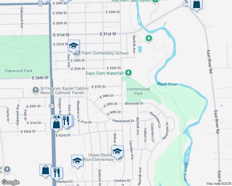 map of restaurants, bars, coffee shops, grocery stores, and more near 2540 East 38th Street in Lorain