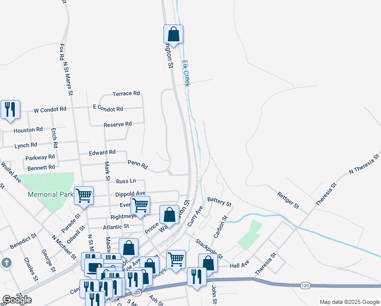 map of restaurants, bars, coffee shops, grocery stores, and more near 674 Washington Street in Saint Marys