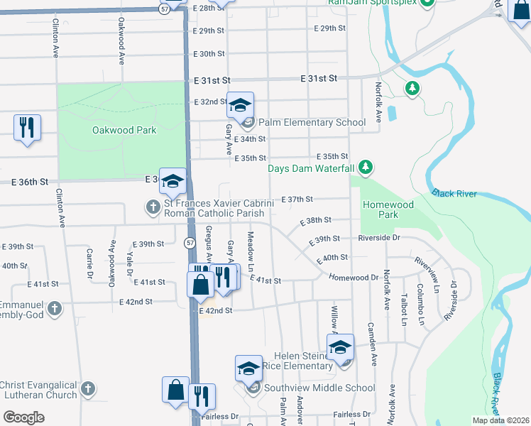 map of restaurants, bars, coffee shops, grocery stores, and more near 2419 Homewood Drive in Lorain