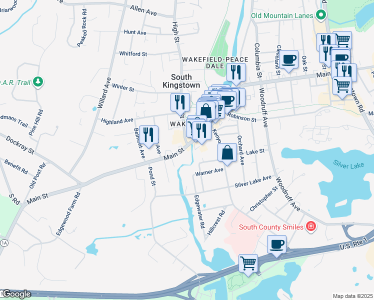 map of restaurants, bars, coffee shops, grocery stores, and more near 446 Main Street in South Kingstown