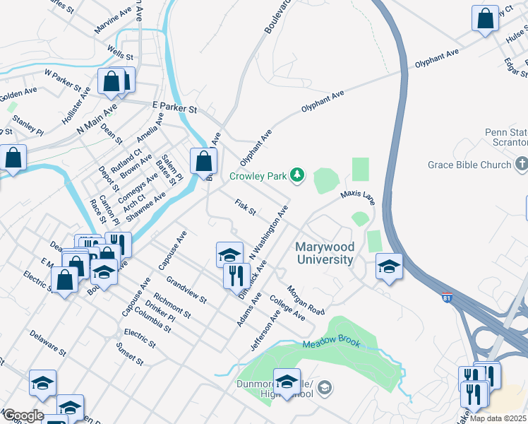 map of restaurants, bars, coffee shops, grocery stores, and more near 1112 Fisk St in Scranton