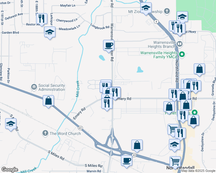 map of restaurants, bars, coffee shops, grocery stores, and more near 4552 Warrensville Center Road in Cleveland