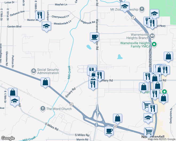 map of restaurants, bars, coffee shops, grocery stores, and more near 4538 Warrensville Center Road in North Randall